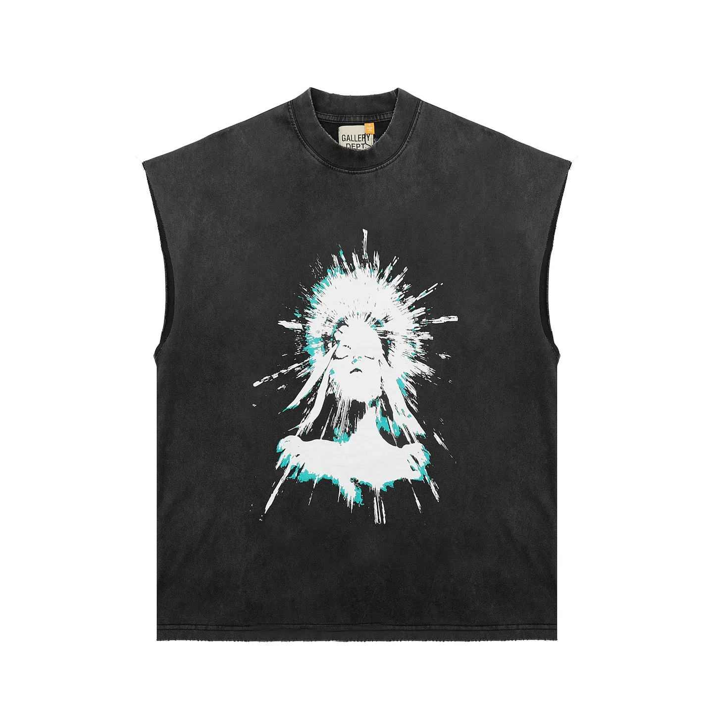 pt model number #G1020 P116 GALLERY DEPT. Distressed and frayed sleeveless waistcoat short sleeves. Meditate on the Statue of Liberty. Printed on the front and back. Made of 280G double yarn pure cotton. The fabric is comfortable and stylish. After washing and distressing, the upper body becomes more fashionable and cool. The collar and hem are frayed. The design is full. The US version is too large. Color: washed black. Size S/M/L/XL